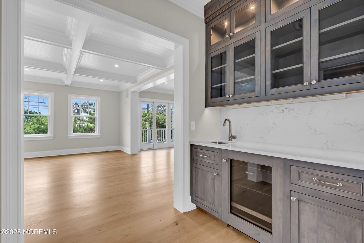 Interior, Kitchen, Marble Walls, Recessed Lighting, Wood Texture Flooring