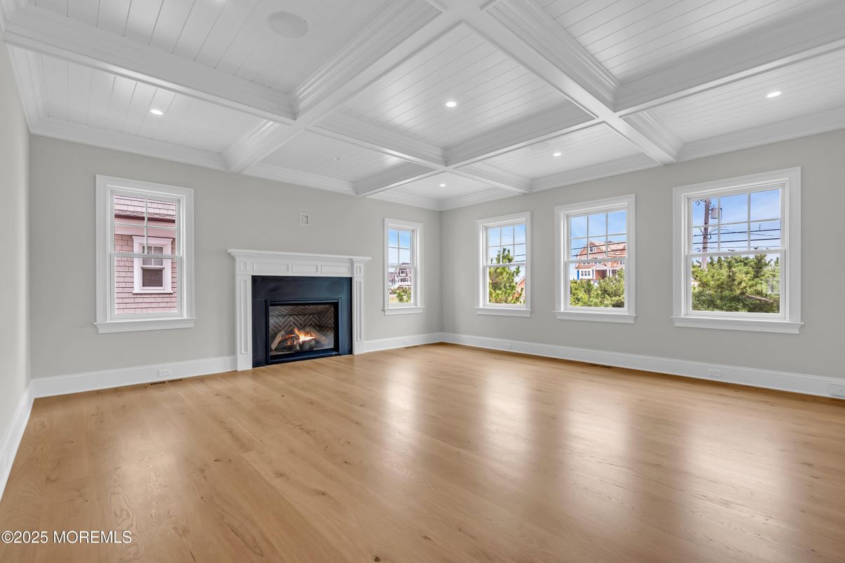 Empty room, Fireplace, Interior, Recessed Lighting, Wood Texture Flooring
