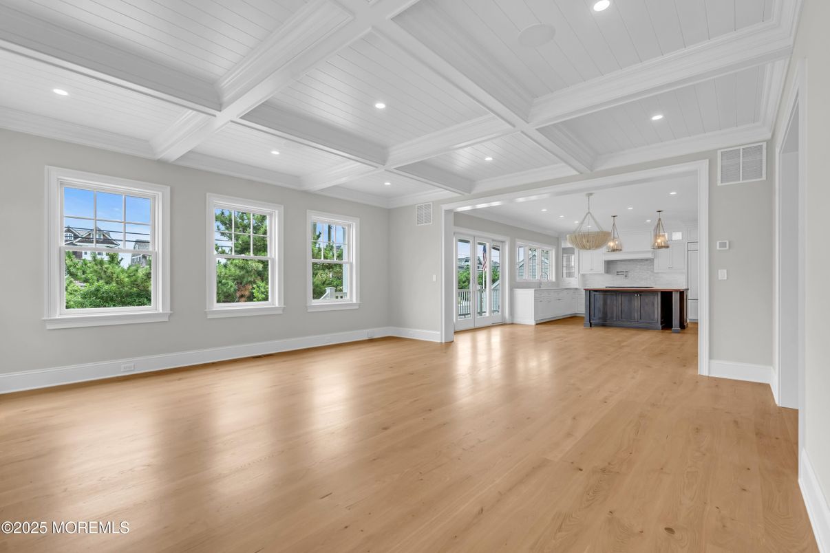 Empty room, Interior, Kitchen, Pendant Lights, Recessed Lighting, Wood Texture Flooring