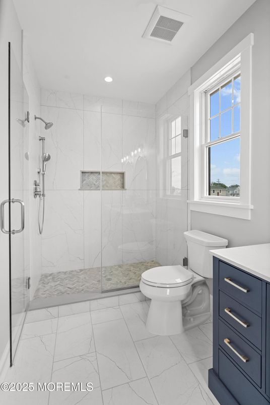 Bathroom, Glass Shower, Interior, Marble, Marble Walls, Recessed Lighting