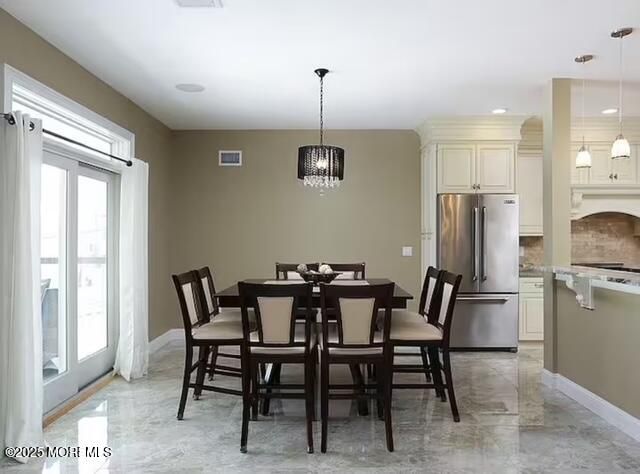 Dining room, Interior, Kitchen, Marble, Pendant Lights, Recessed Lighting, Stainless Steel Appliances