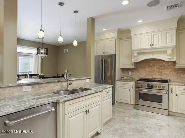 Interior, Kitchen, Marble, Pendant Lights, Recessed Lighting, Stainless Steel Appliances