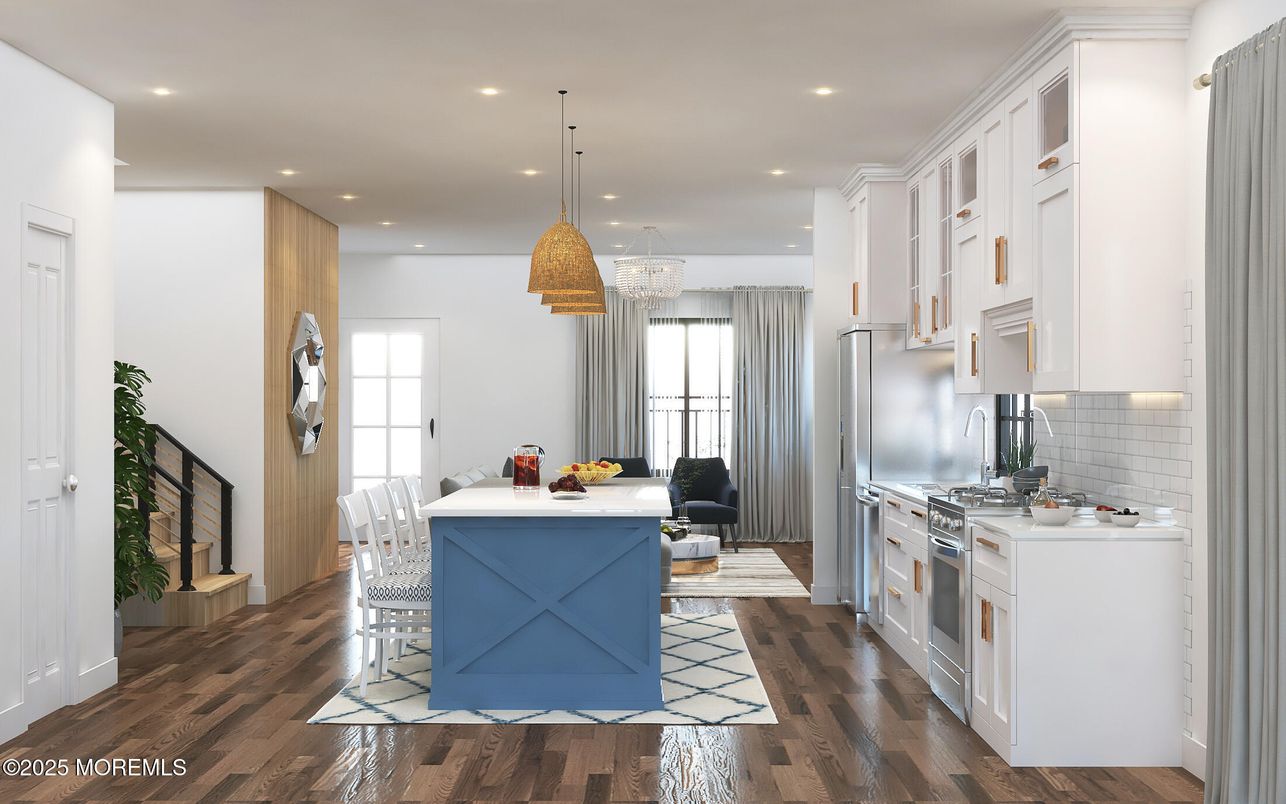 Dining room, Interior, Kitchen, Pendant Lights, Recessed Lighting, Wood Texture Flooring