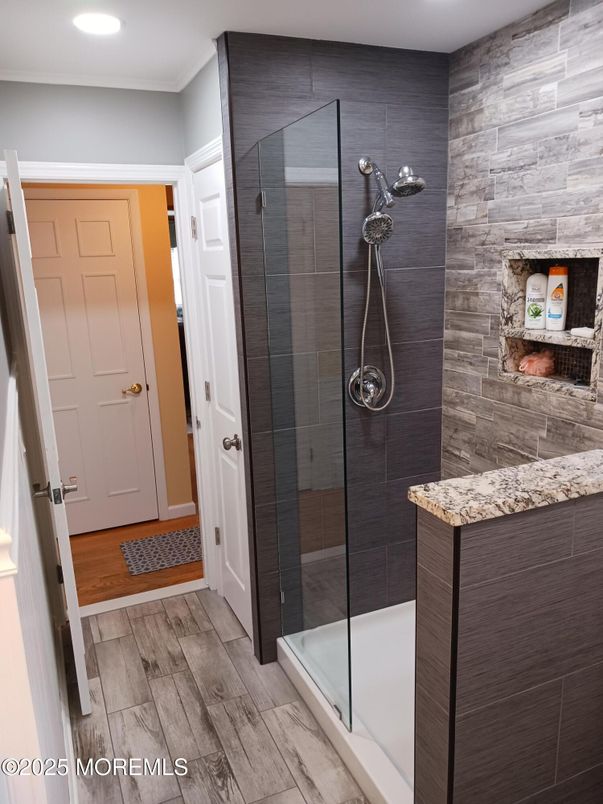 Bathroom, Glass Shower, Interior, Recessed Lighting, Wood Texture Flooring