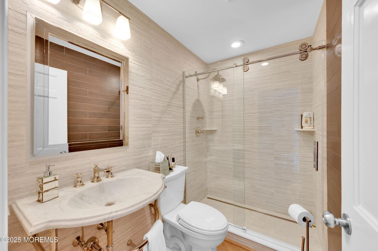 Bathroom, Glass Shower, Interior, Recessed Lighting, Wood Texture Flooring