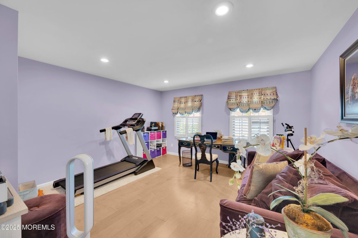 Fitness Equipment, Home Office, Interior, Recessed Lighting, Wood Texture Flooring
