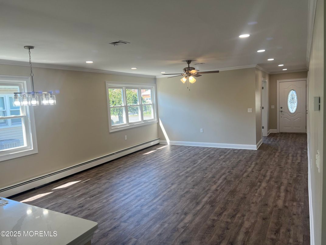 Empty room, Interior, Pendant Lights, Recessed Lighting, Wood Texture Flooring