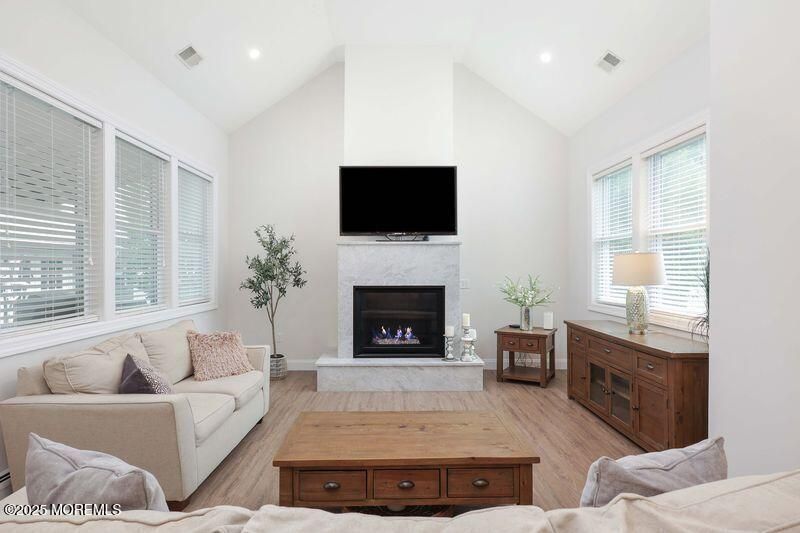 Fireplace, Interior, Living room, Recessed Lighting, Wood Texture Flooring
