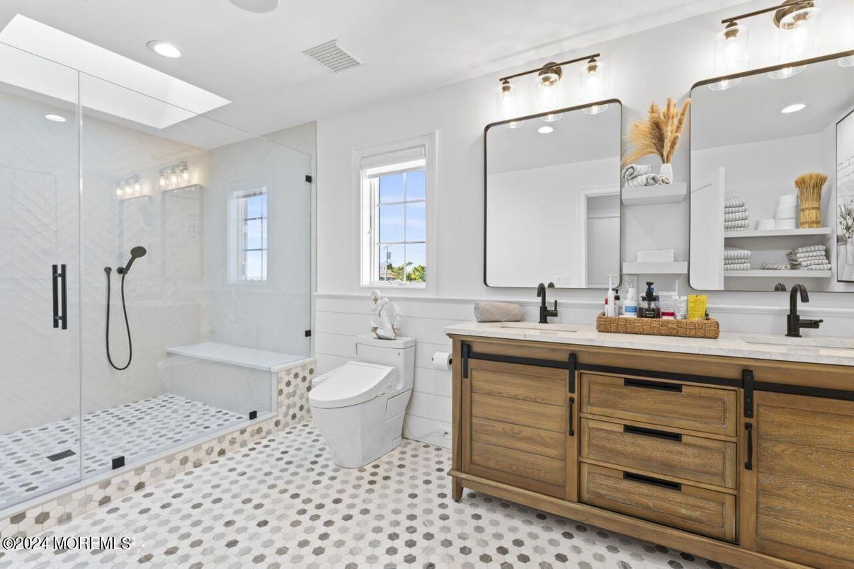 Bathroom, Dual Sink Vanities, Glass Shower, Interior, Recessed Lighting
