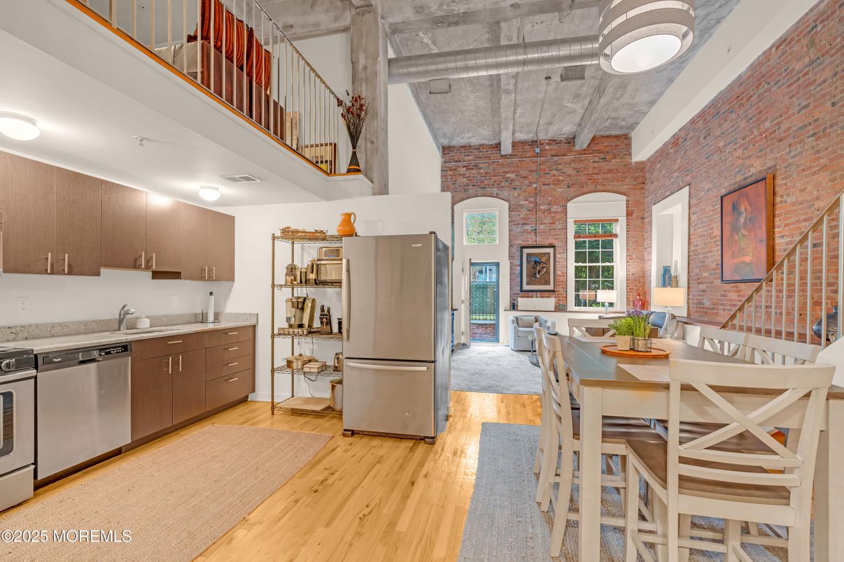Dining room, Interior, Kitchen, Stainless Steel Appliances, Stone Walls, Wood Texture Flooring