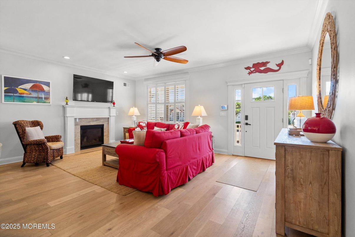 Fireplace, Interior, Living room, Recessed Lighting, Wood Texture Flooring