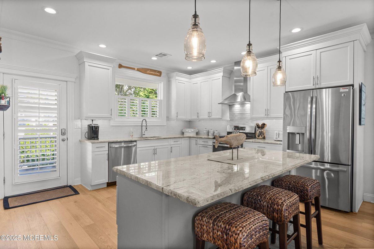 Interior, Kitchen, Pendant Lights, Recessed Lighting, Stainless Steel Appliances, Wood Texture Flooring