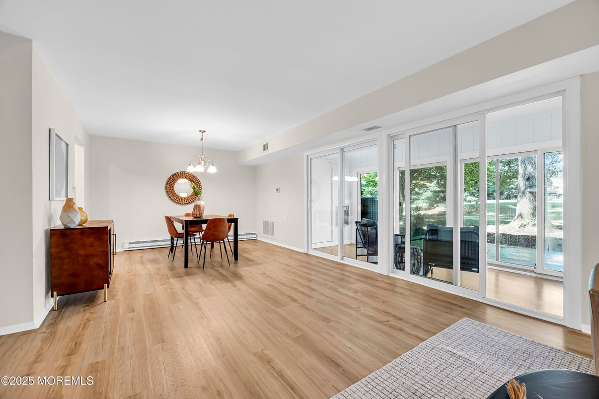 Dining room, Interior, Pendant Lights, Wood Texture Flooring