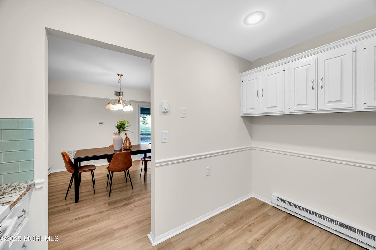 Dining room, Interior, Pendant Lights, Recessed Lighting, Wood Texture Flooring