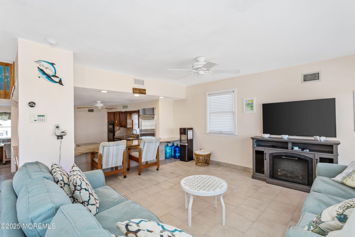 Fireplace, Interior, Kitchen, Living room, Recessed Lighting