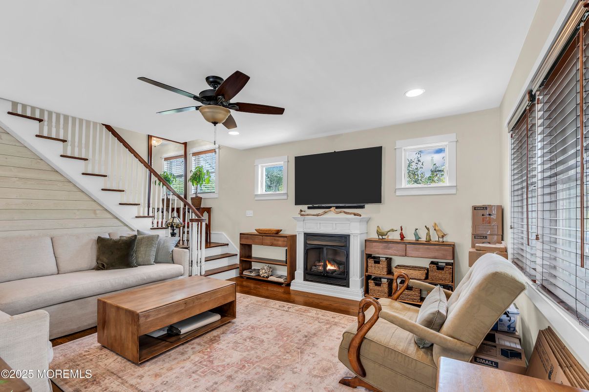 Fireplace, Interior, Living room, Recessed Lighting, Wood Texture Flooring