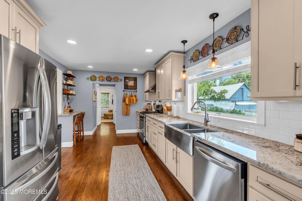 Interior, Kitchen, Pendant Lights, Recessed Lighting, Stainless Steel Appliances, Wood Texture Flooring