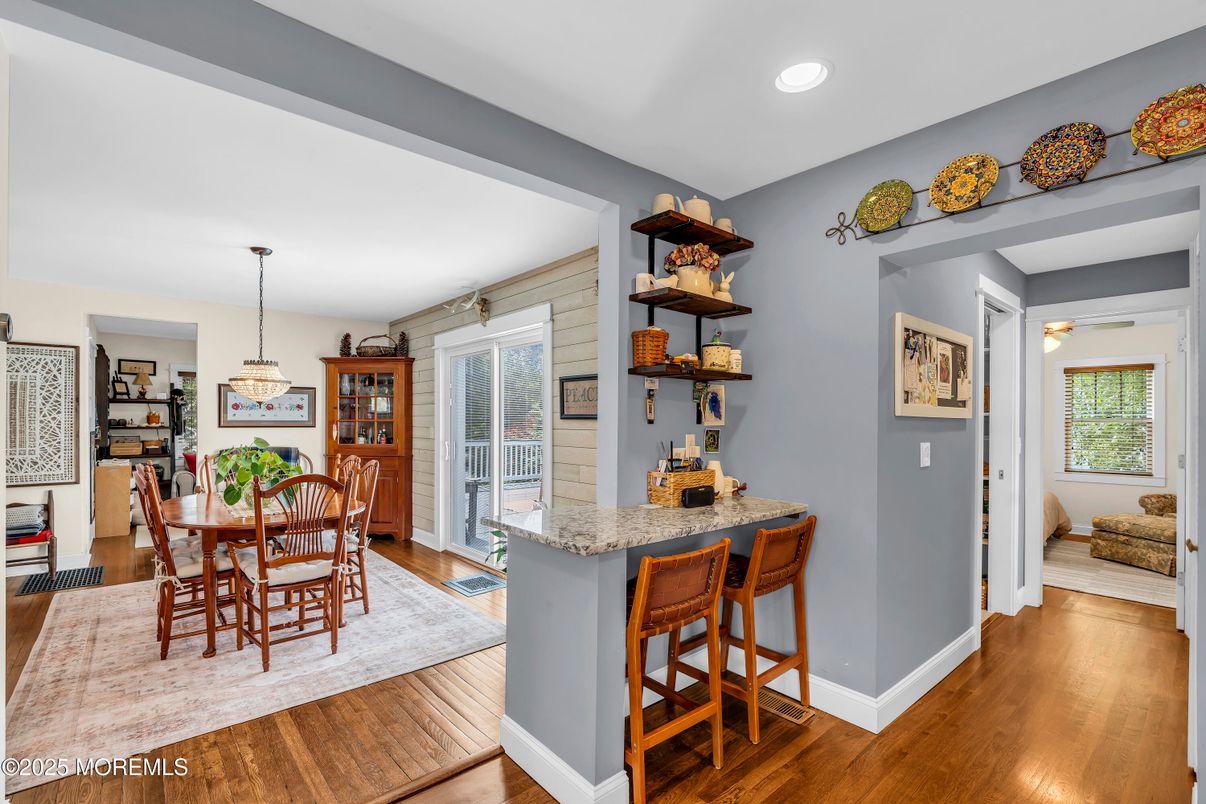 Dining room, Interior, Pendant Lights, Recessed Lighting, Wood Texture Flooring