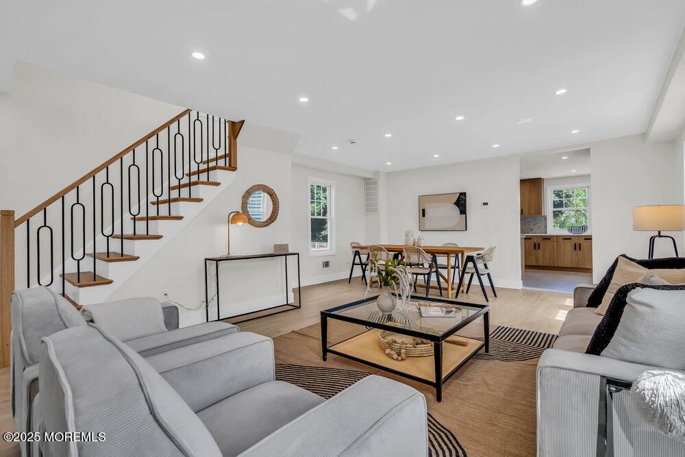 Dining room, Interior, Living room, Recessed Lighting, Wood Texture Flooring