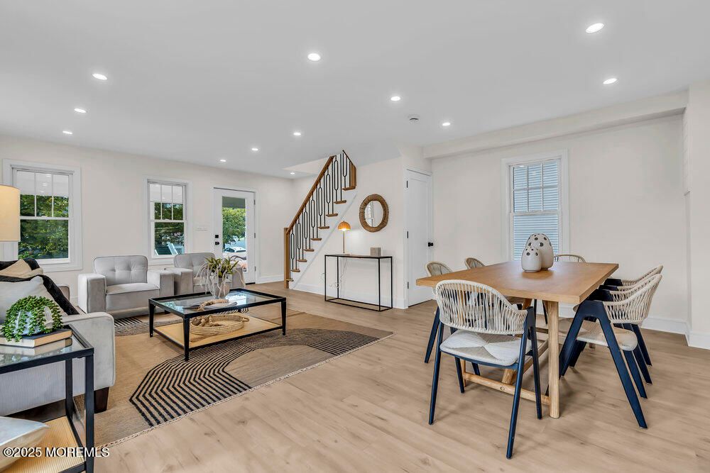 Dining room, Interior, Living room, Recessed Lighting, Wood Texture Flooring