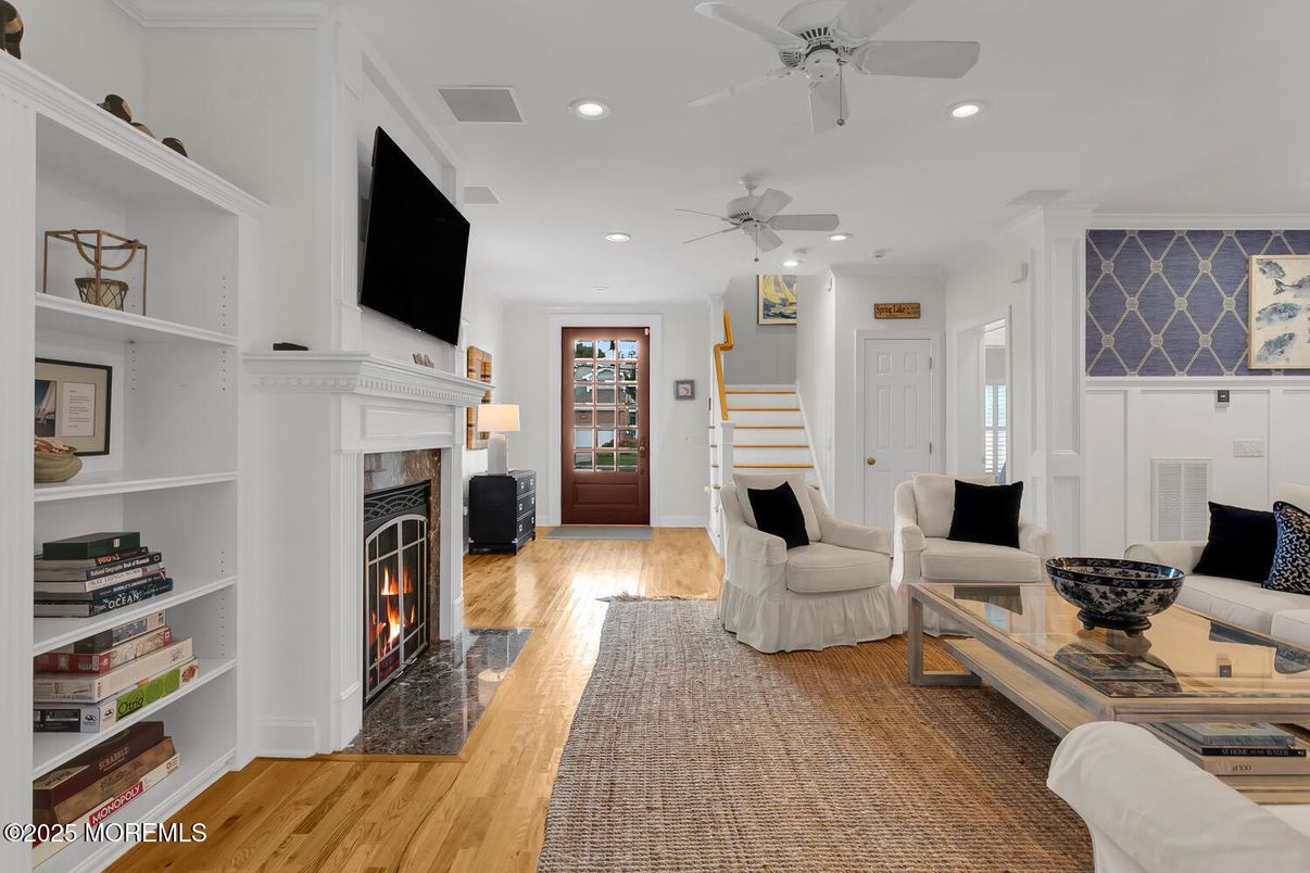 Fireplace, Interior, Living room, Recessed Lighting, Wood Texture Flooring