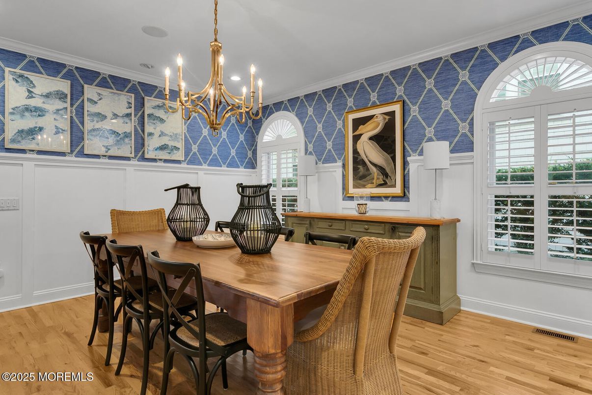 Chandelier, Dining room, Interior, Wood Texture Flooring