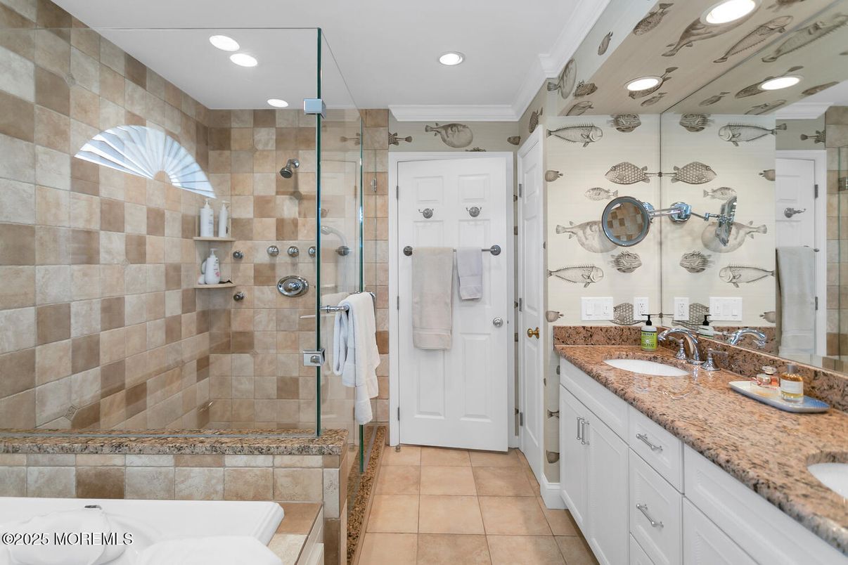 Bathroom, Dual Sink Vanities, Glass Shower, Interior, Recessed Lighting