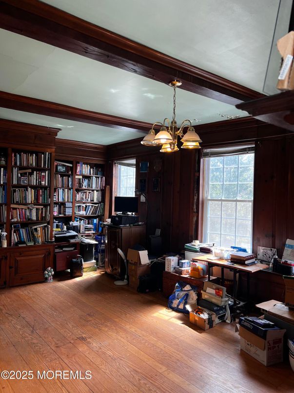 Chandelier, Home Office, Interior, Wood Texture Flooring