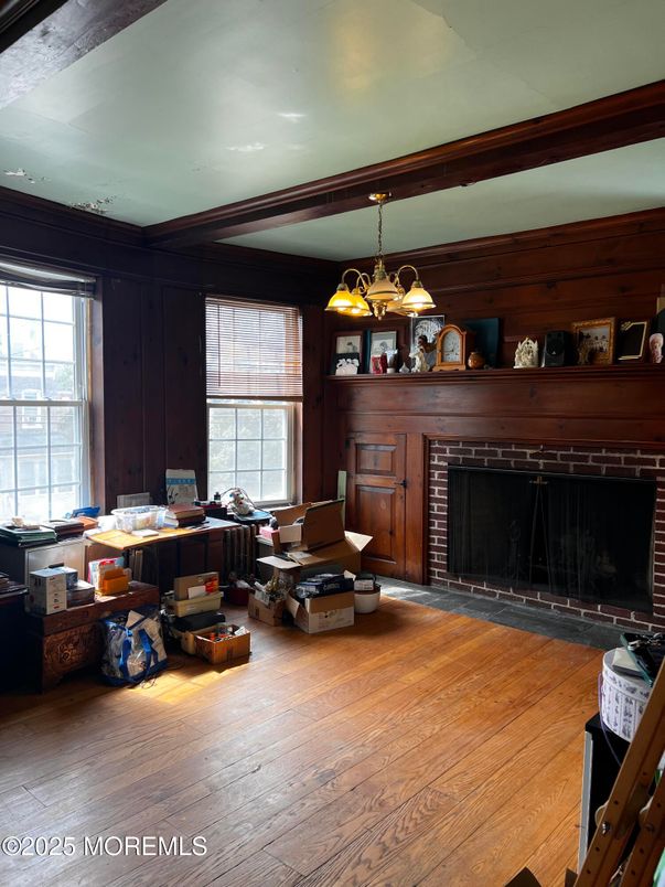 Chandelier, Fireplace, Interior, Living room, Wood Texture Flooring, Wooden Walls