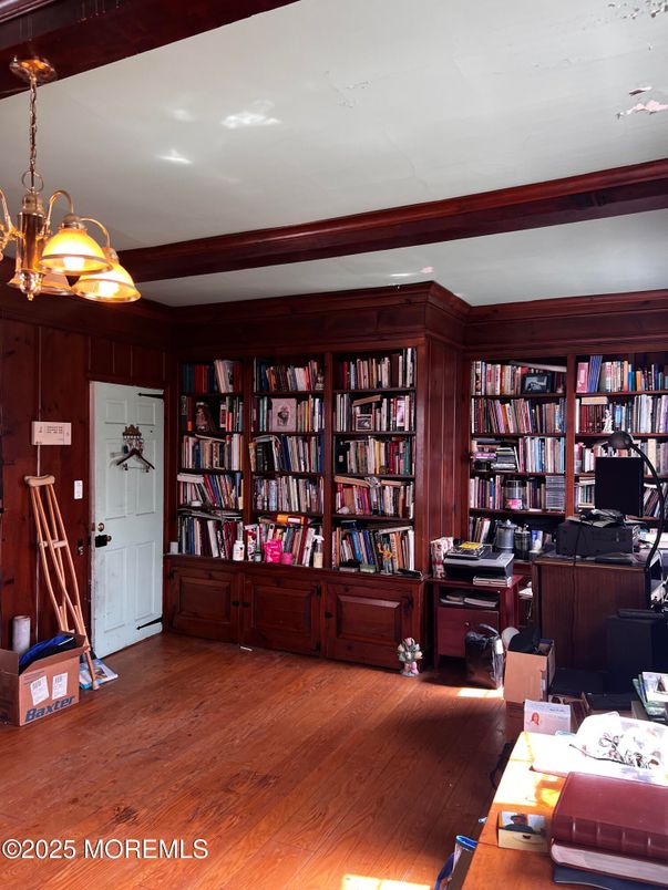 Home Office, Interior, Pendant Lights, Recessed Lighting, Wood Texture Flooring, Wooden Walls