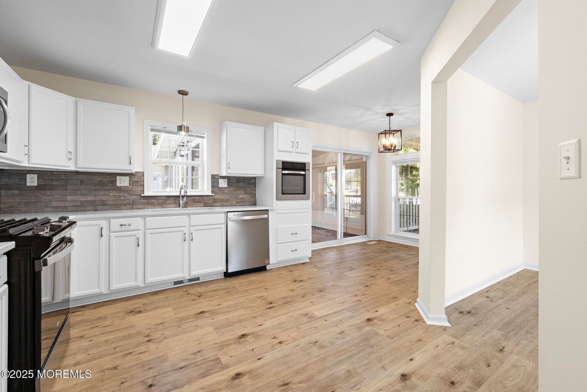 Interior, Kitchen, Pendant Lights, Stainless Steel Appliances, Wood Texture Flooring