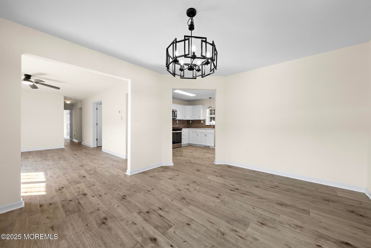 Chandelier, Empty room, Interior, Kitchen, Wood Texture Flooring