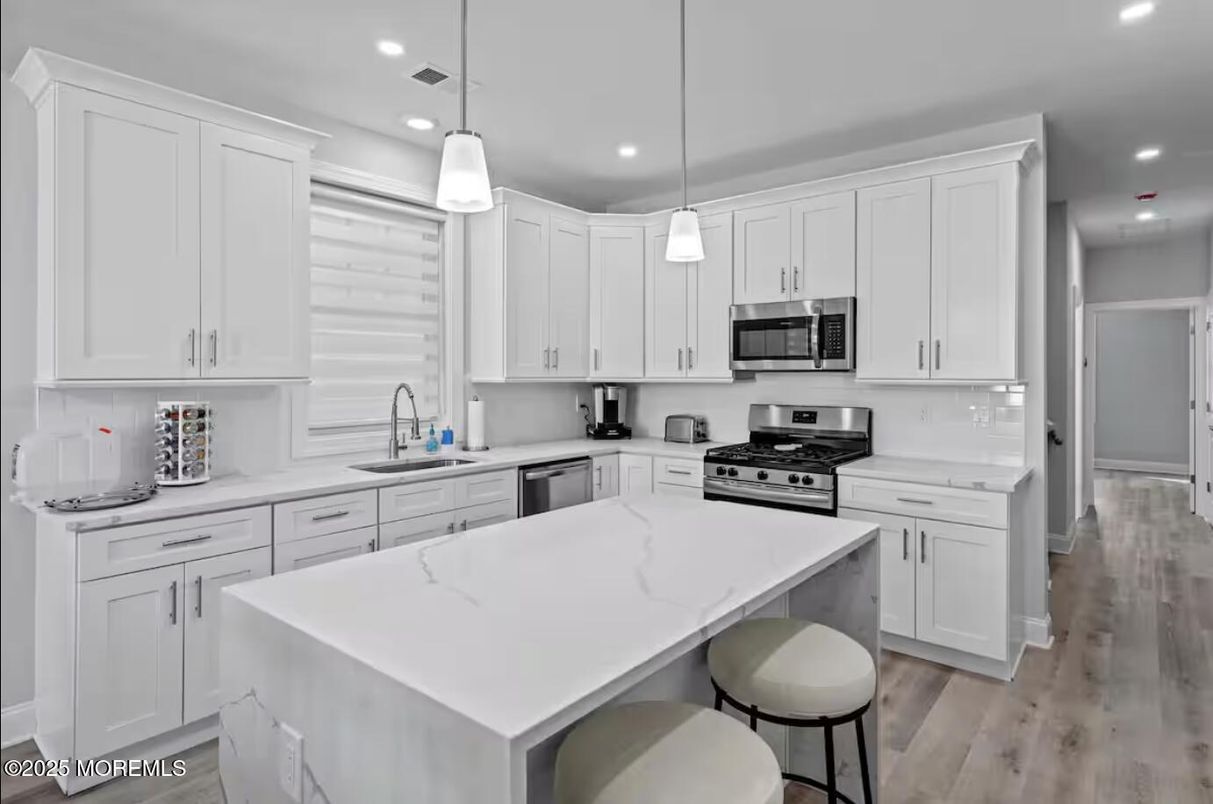 Interior, Kitchen, Pendant Lights, Recessed Lighting, Stainless Steel Appliances, Wood Texture Flooring