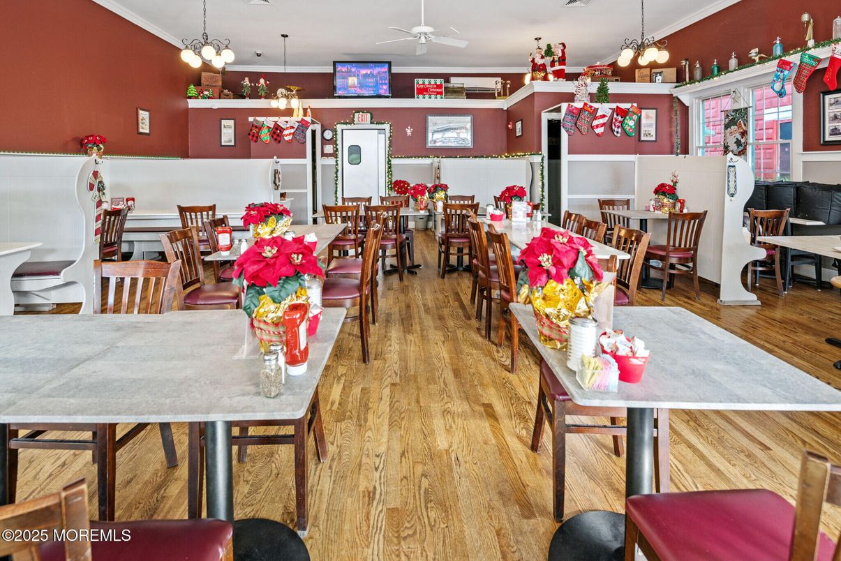 Dining room, Interior, Pendant Lights, Wood Texture Flooring