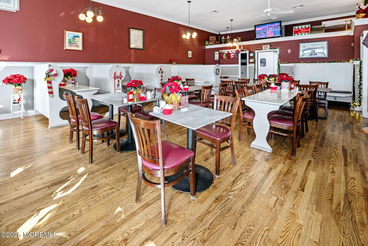 Dining room, Interior, Pendant Lights, Wood Texture Flooring