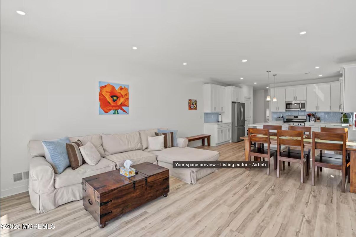 Dining room, Interior, Kitchen, Living room, Pendant Lights, Recessed Lighting, Stainless Steel Appliances, Wood Texture Flooring