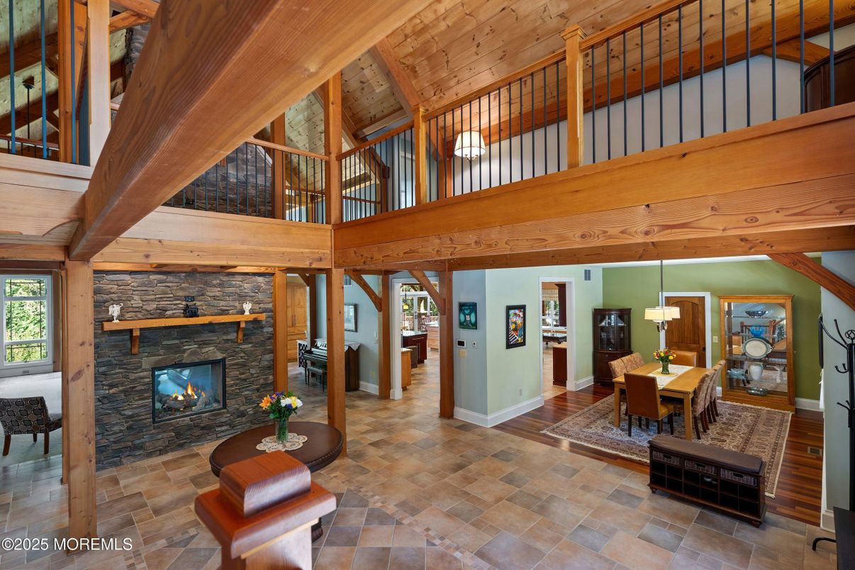 Dining room, Fireplace, Interior, Pendant Lights, Wooden Beams, Wooden Ceilings, Wooden Walls