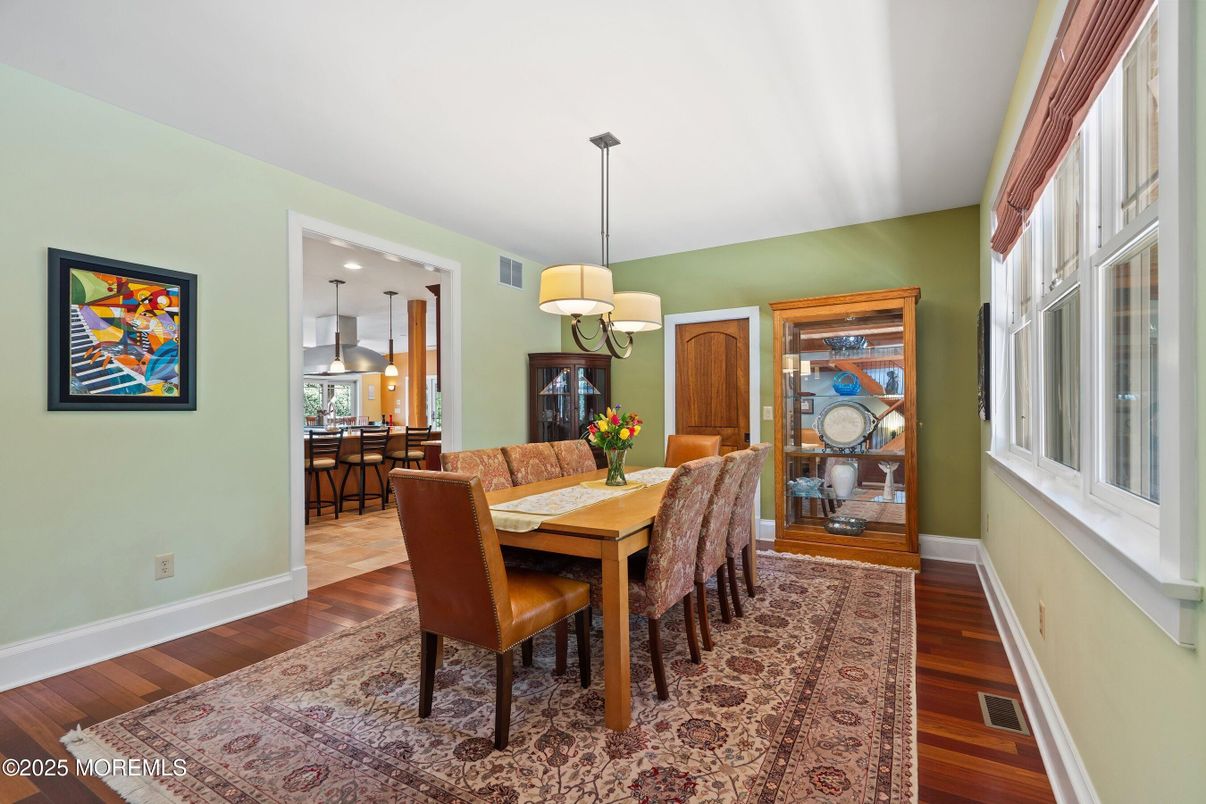 Dining room, Interior, Pendant Lights, Recessed Lighting, Wood Texture Flooring