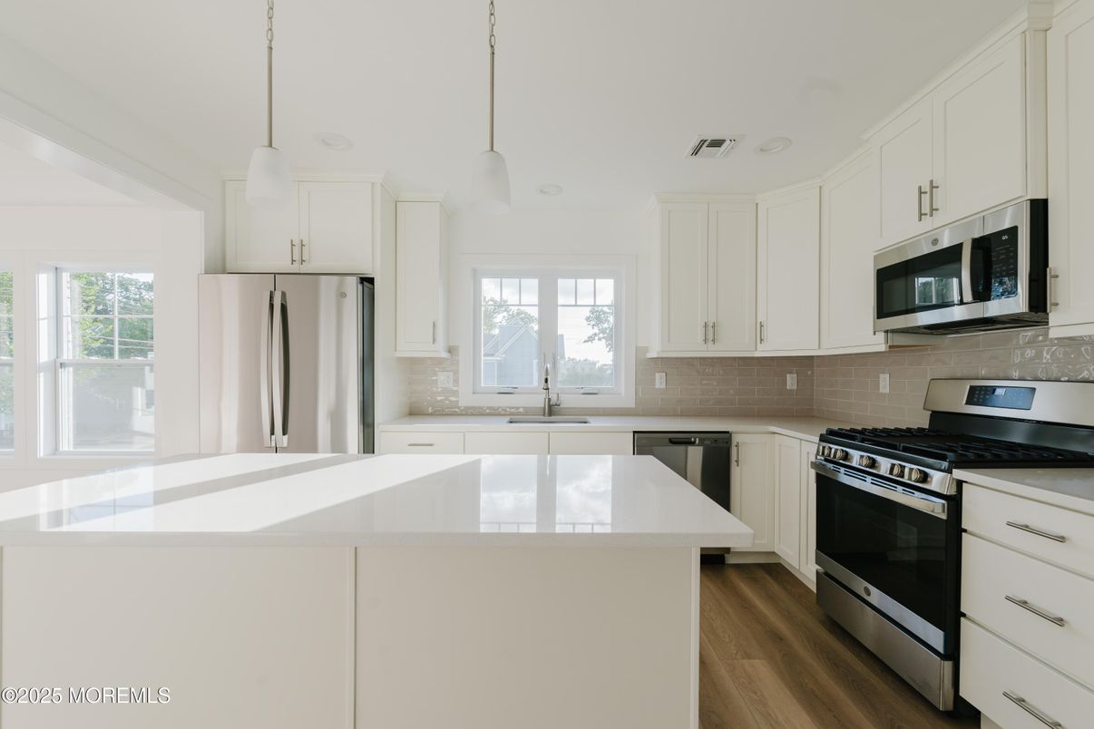 Interior, Kitchen, Pendant Lights, Stainless Steel Appliances, Wood Texture Flooring