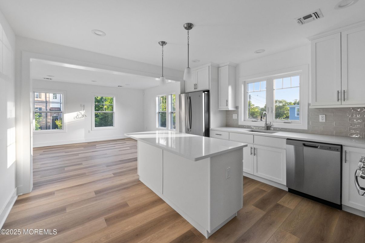 Interior, Kitchen, Pendant Lights, Recessed Lighting, Stainless Steel Appliances, Wood Texture Flooring