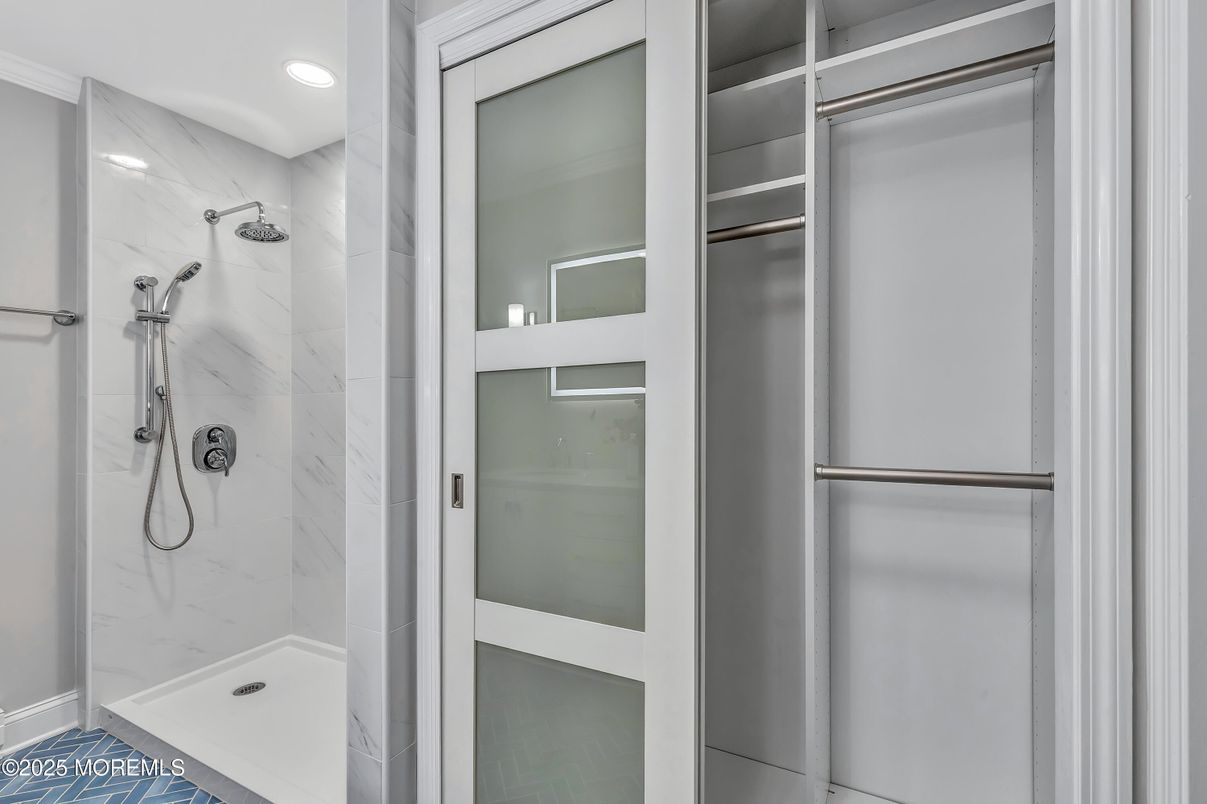 Bathroom, Glass Shower, Interior, Marble Walls, Recessed Lighting