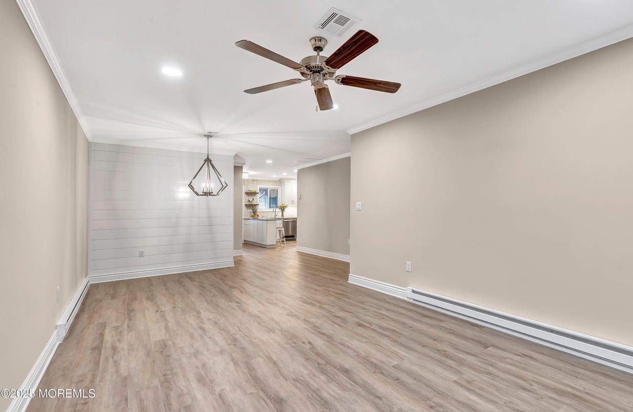 Empty room, Interior, Pendant Lights, Recessed Lighting, Wood Texture Flooring