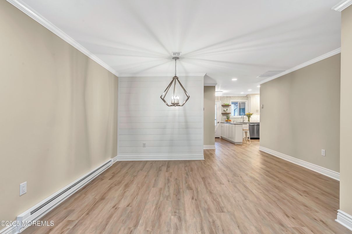 Empty room, Interior, Pendant Lights, Recessed Lighting, Wood Texture Flooring