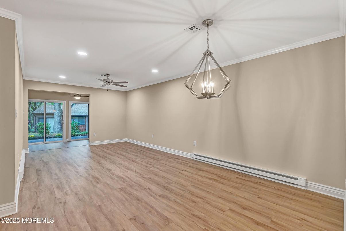 Empty room, Interior, Pendant Lights, Recessed Lighting, Wood Texture Flooring