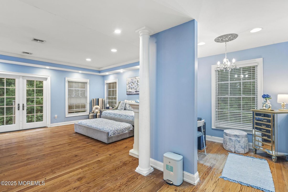 Bedroom, Chandelier, Interior, Recessed Lighting, Wood Texture Flooring