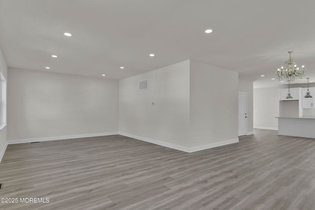 Chandelier, Empty room, Interior, Recessed Lighting, Wood Texture Flooring
