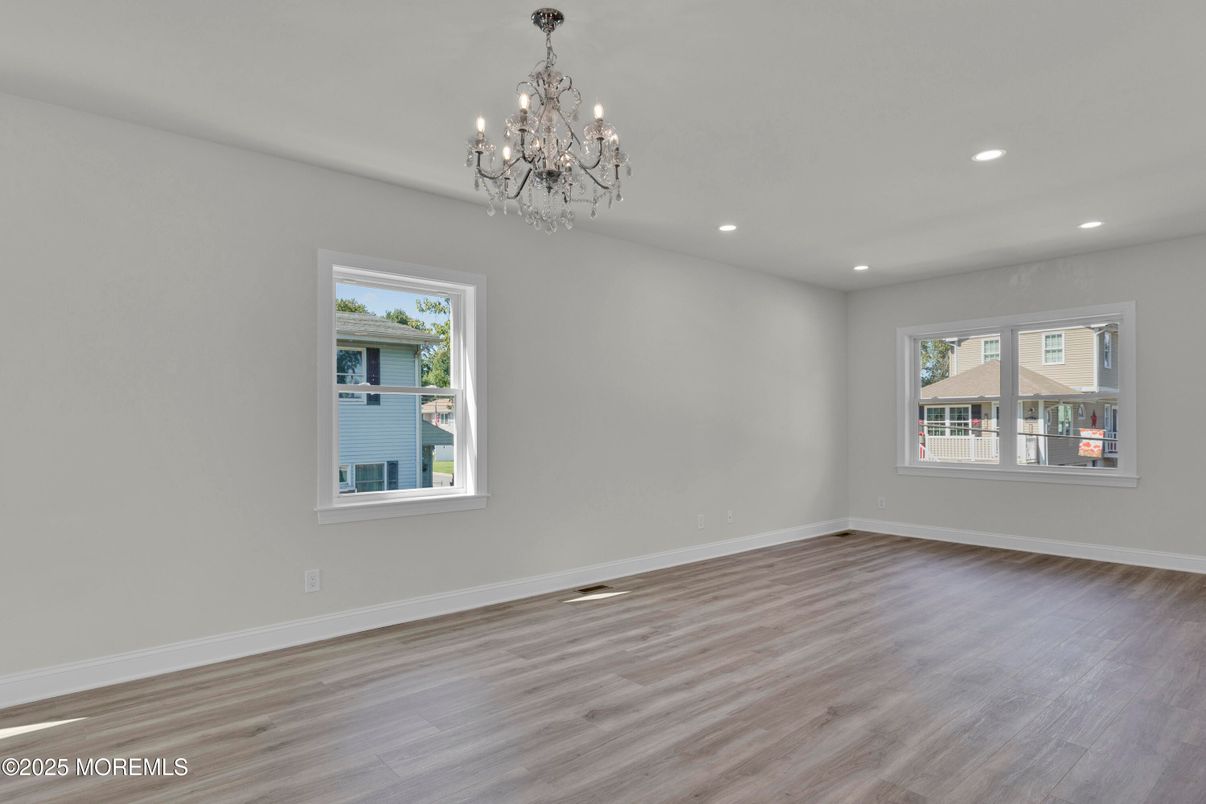 Chandelier, Empty room, Interior, Recessed Lighting, Wood Texture Flooring