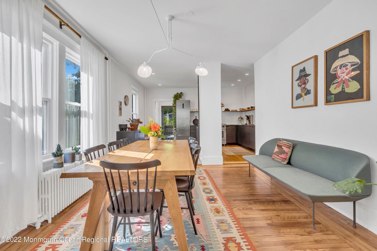 Dining room, Interior, Pendant Lights, Recessed Lighting, Wood Texture Flooring