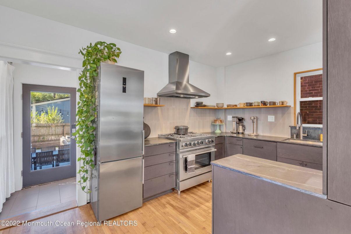 Interior, Kitchen, Recessed Lighting, Stainless Steel Appliances, Wood Texture Flooring