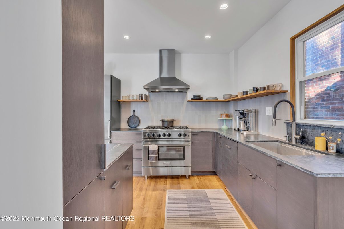 Interior, Kitchen, Recessed Lighting, Stainless Steel Appliances, Wood Texture Flooring